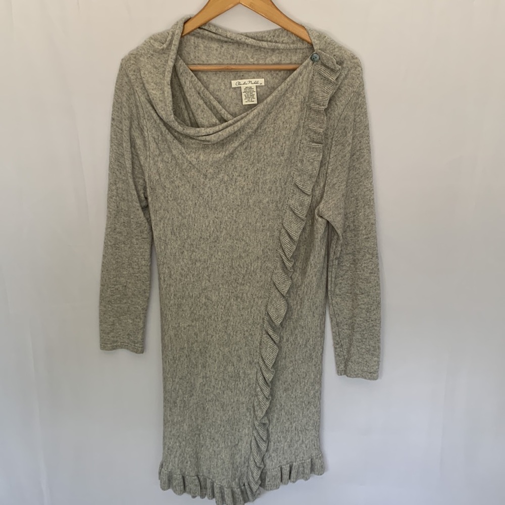 Claudia Nichole Silk & Cashmere Longline Ruffle Wrap Cardigan Light Grey Small